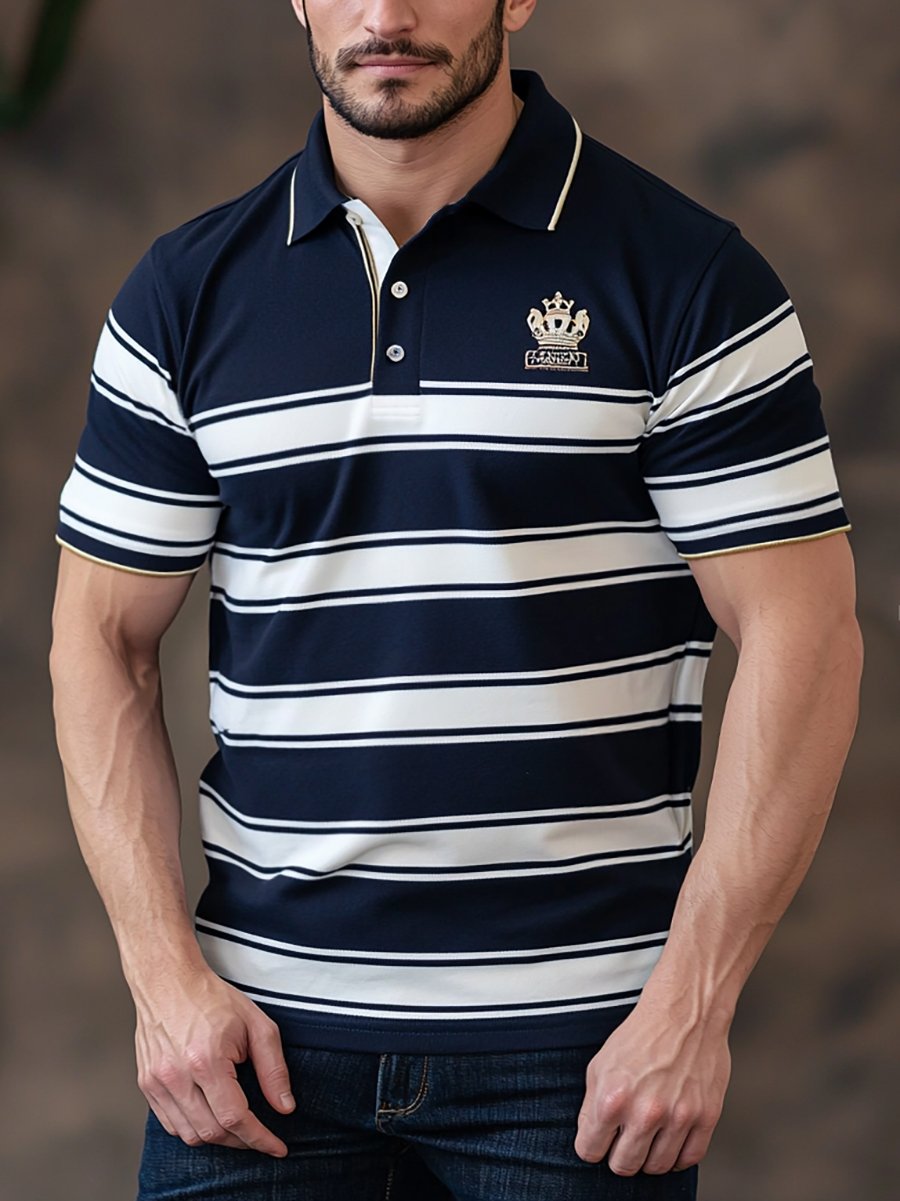 Camisa polo ejecutivo rayas Logo con botones de manga corta para hombre