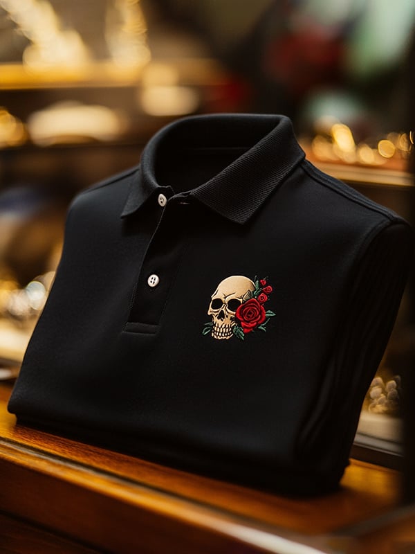 Camisa polo ejecutivo casual Skull estampado con botones para hombre