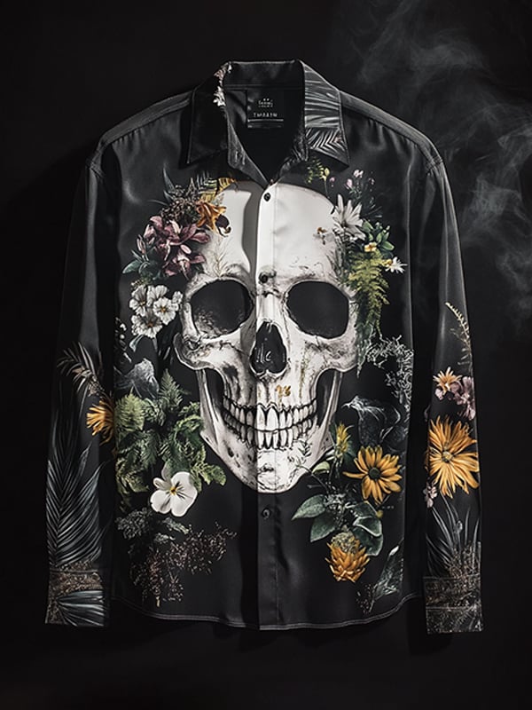 Camisa para exterior vintage Skull and floral de manga larga para hombre