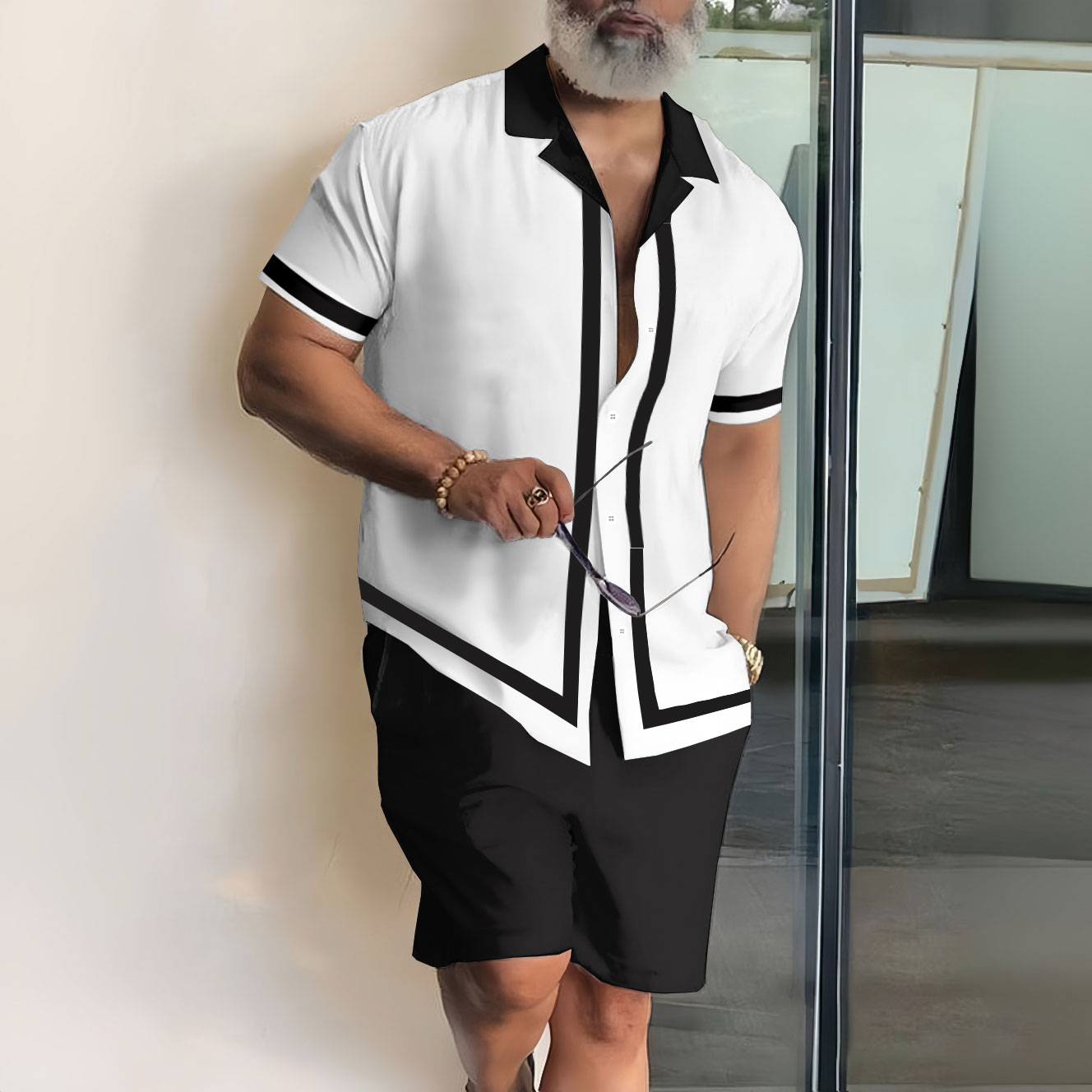 Conjunto de dos piezas de moda casual Lapel estampado de manga corta camisa para hombre