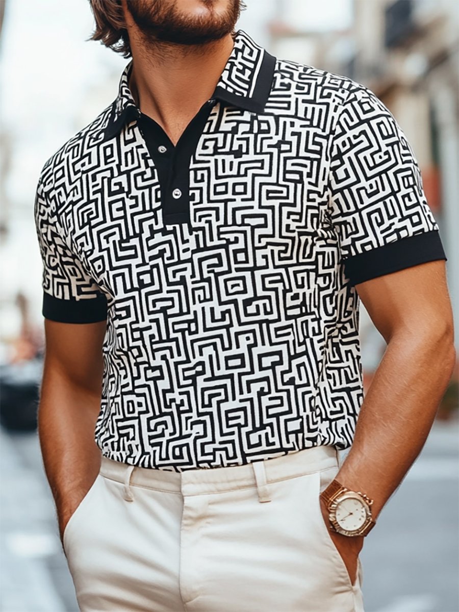 Camisa polo casual ejecutivo geométrico Button de manga corta para hombre