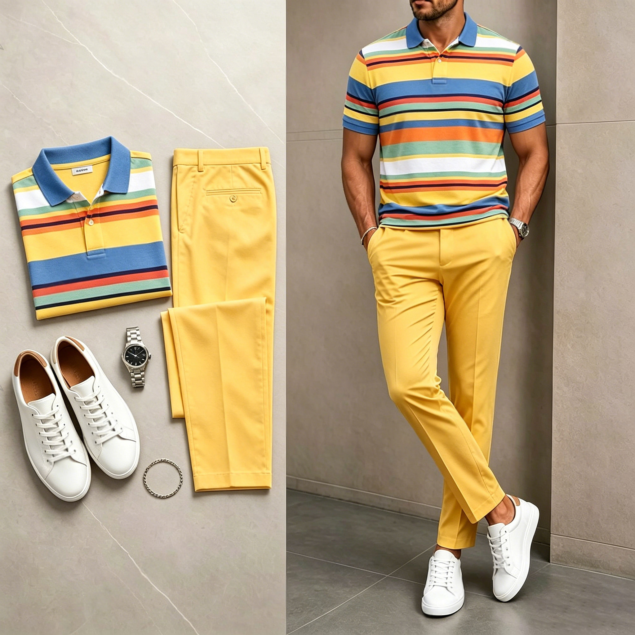 Conjunto de dos piezas casual Color-Blocked rayas estampado camisa polo And pantalón para hombre