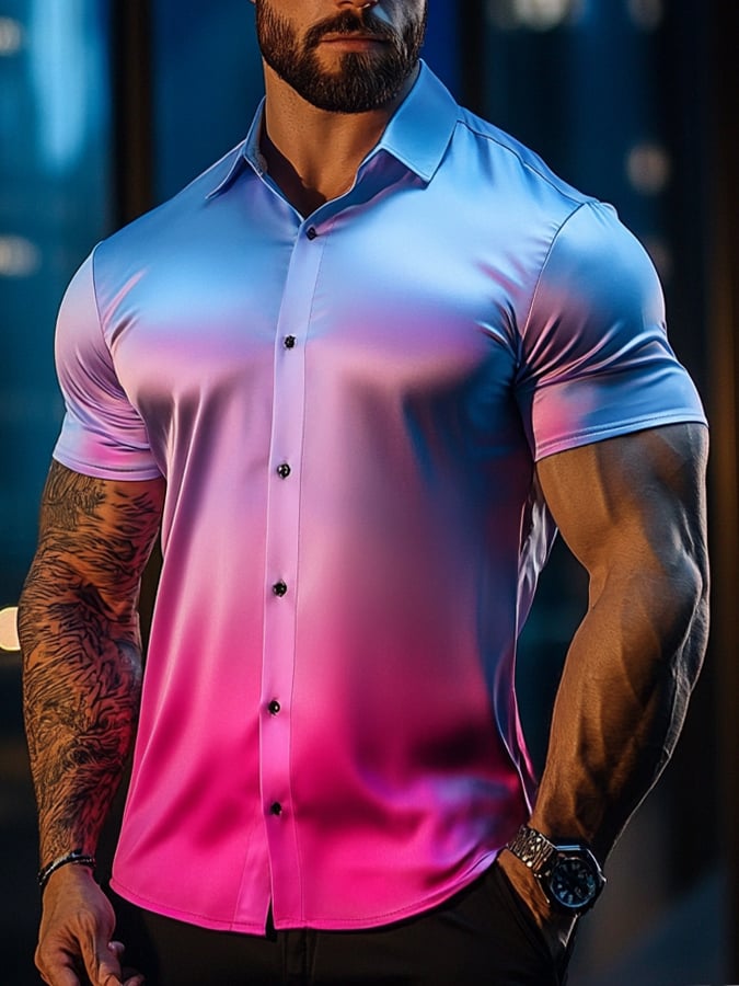Camisa de moda ejecutivo de lujo satén de color sólido de manga corta para hombre