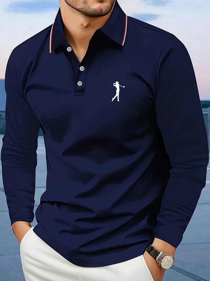 Camisa polo retro ejecutivo estampado de manga larga para hombre