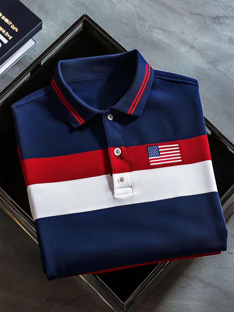 Camisa polo ejecutivo casual Independence Day a rayas Button de manga corta para hombre