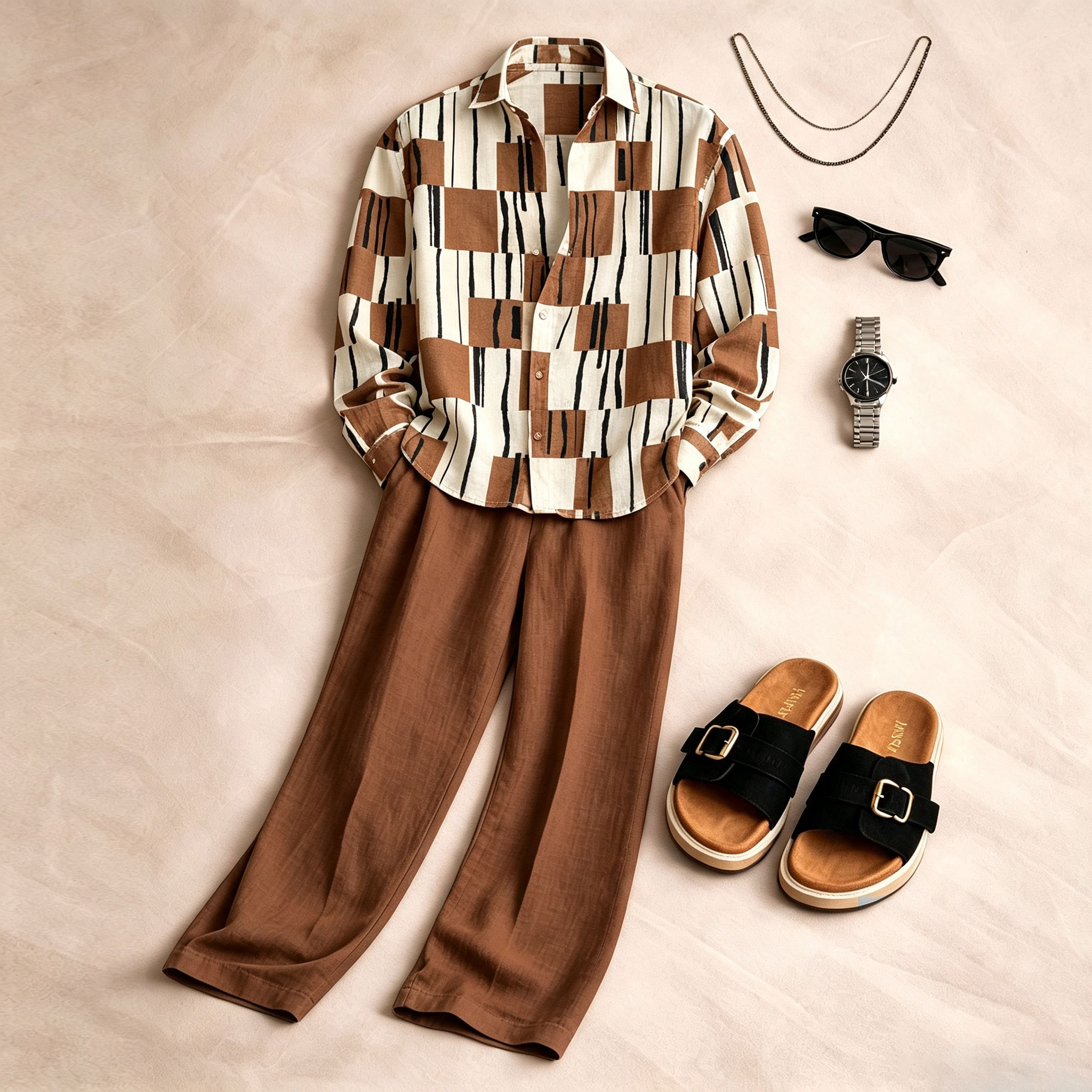 para hombre Color-Blocked de manga larga camisa and pantalón Set