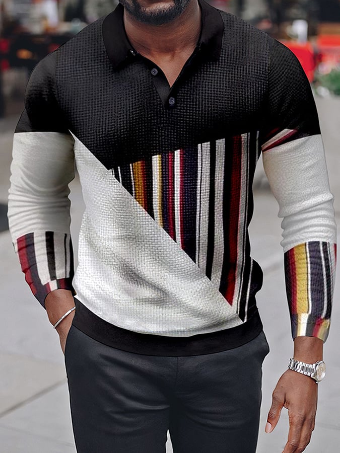 Camisa polo a rayas casual Waffle de manga larga para hombre