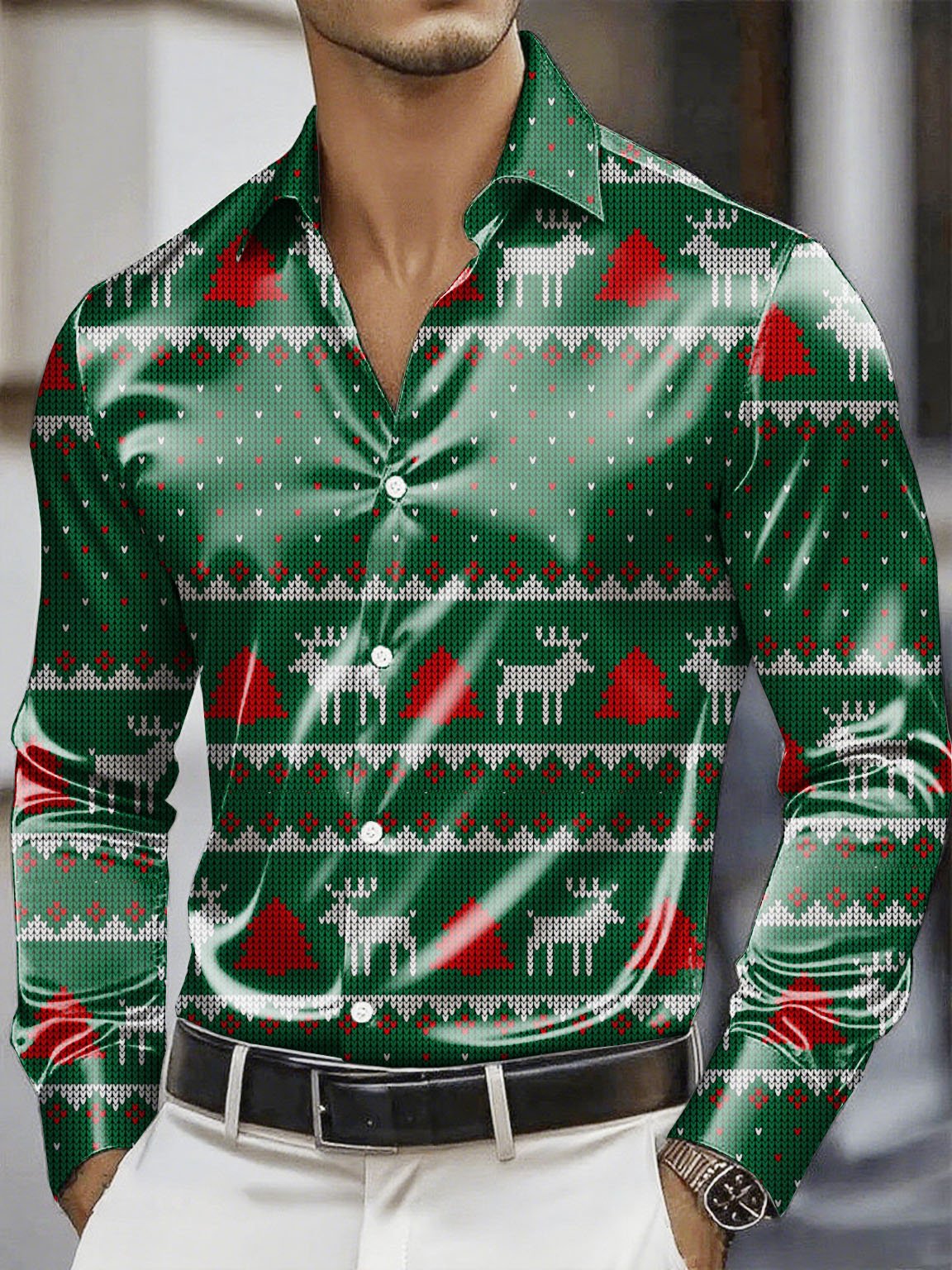 Camisa Christmas satén Luxe de manga larga con botones para hombre