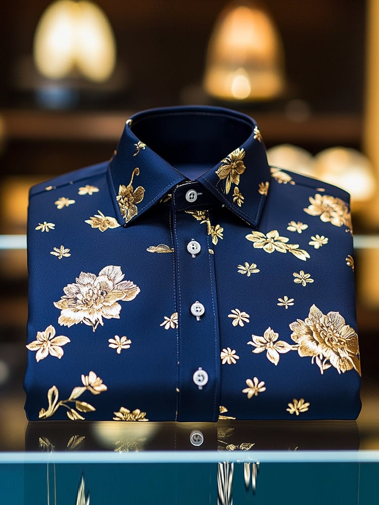 Camisa blue floral ejecutivo casual solapa de manga corta para hombre