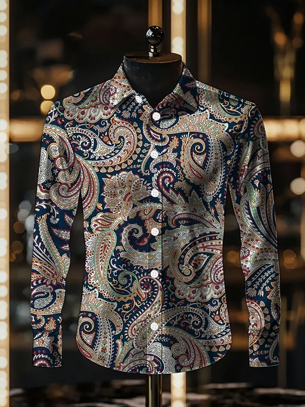 Camisa satén de lujo Ethnic Paisley de manga larga para hombre