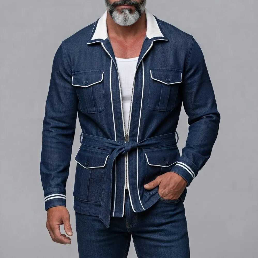 para hombre Navy Blue Denim Multi-Pockets Contrast Piping Belted con cierre Safari chaqueta