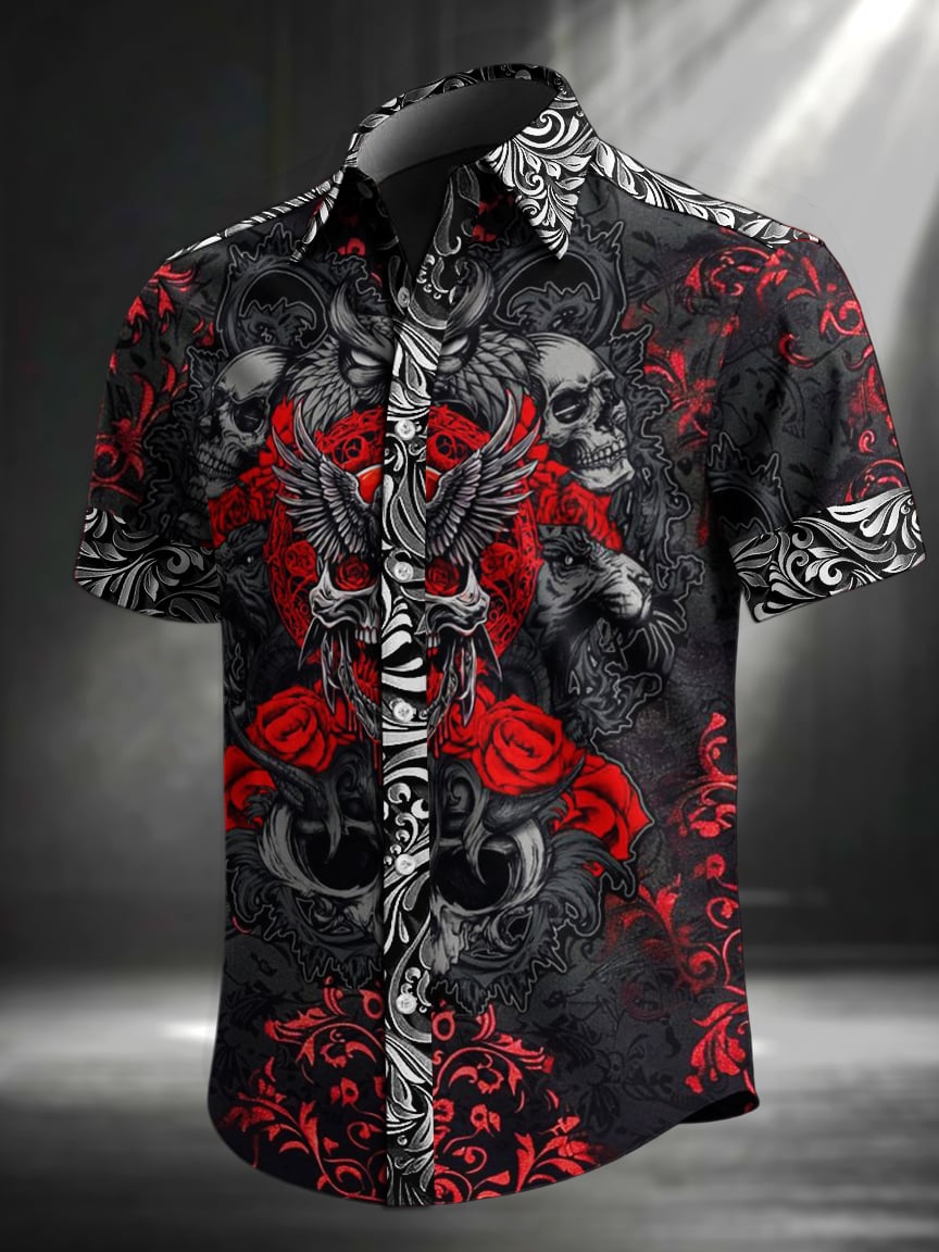 Camisa retro Skull estampado solapa de manga corta para hombre