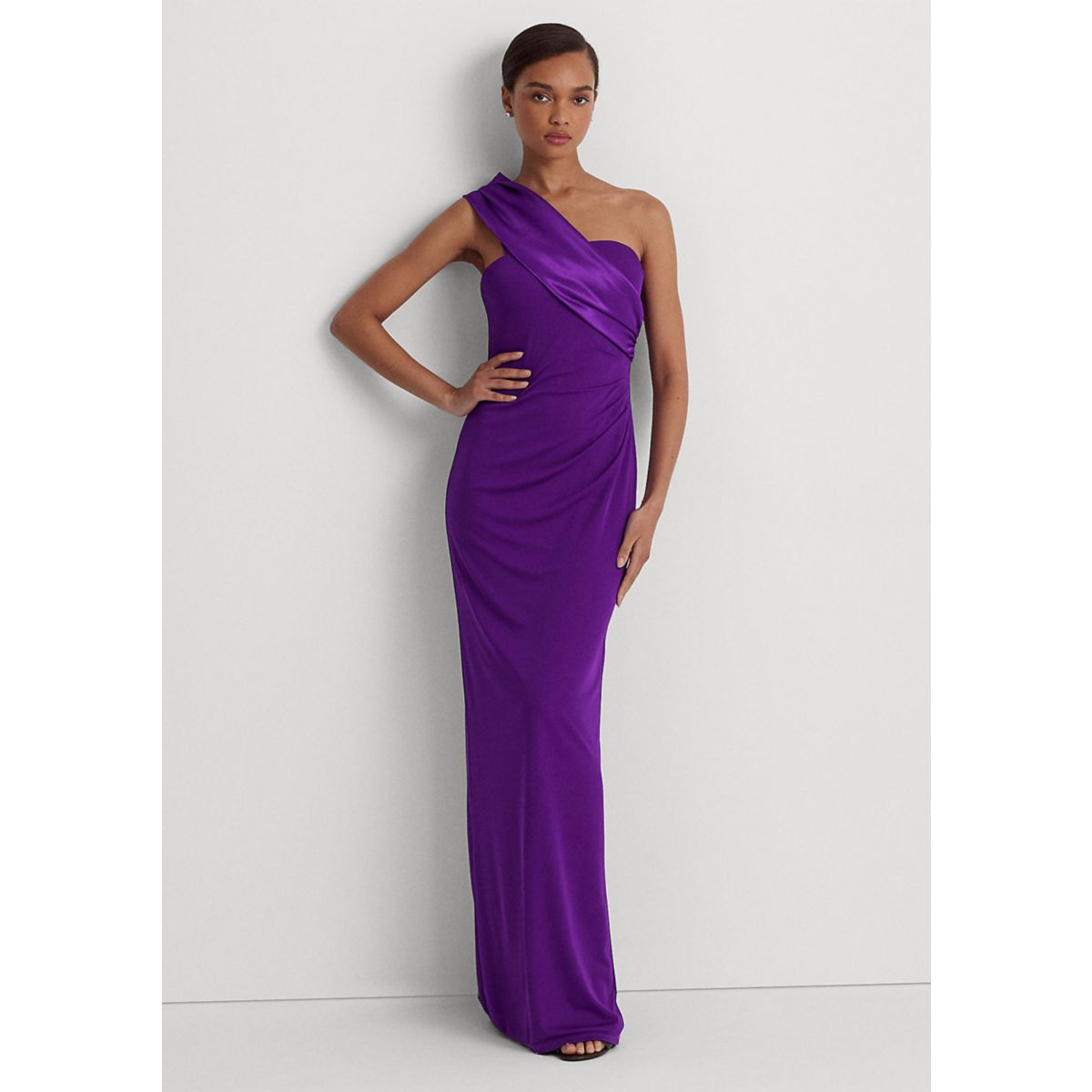 Satin Trim Jersey One Shoulder Gown - 1