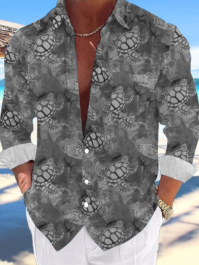 Camisa casual Hawaiian Turtle estampado Lapel para hombre