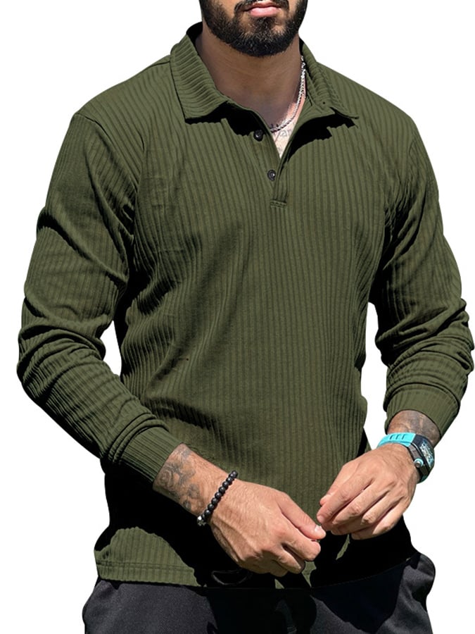 Camisa polo acanalado casual de manga larga Half Button tejido
