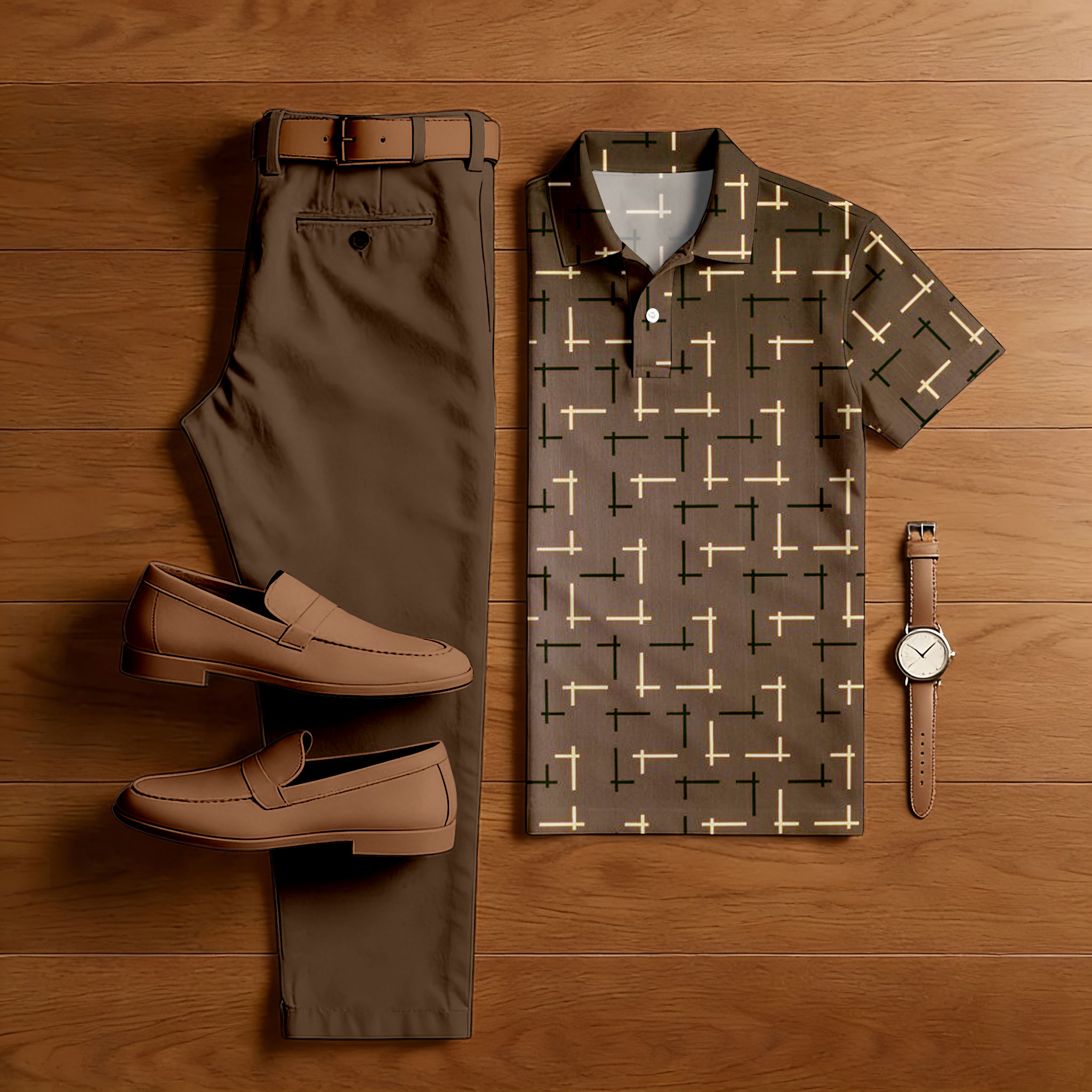 Conjunto de dos piezas casual Coffee Color Matching estampado de manga corta camisa polo & Trousers para hombre