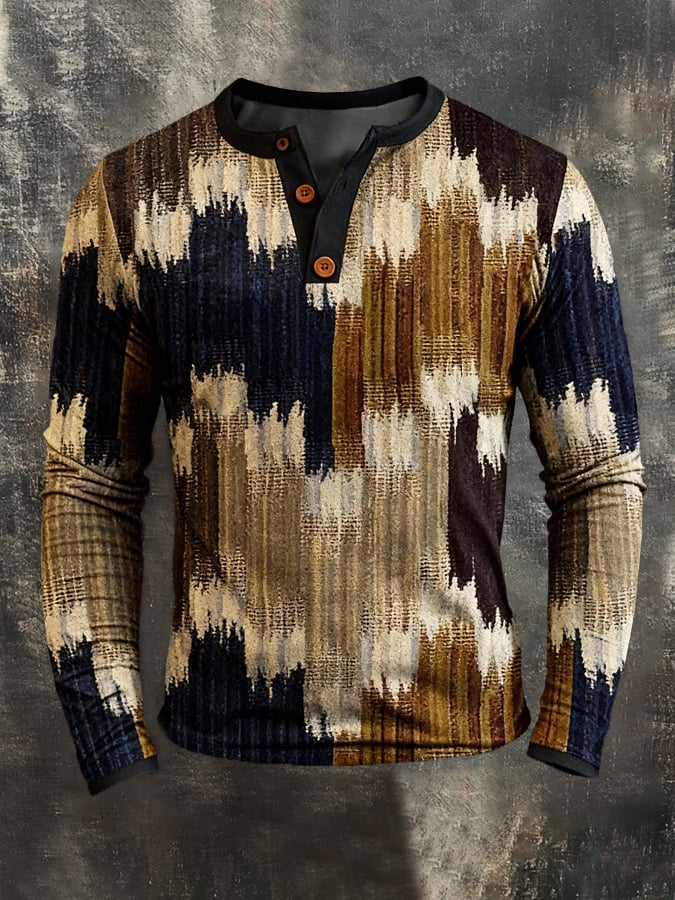 Camiseta retro Stitching Contrast Color Henley cuello de manga larga para hombre