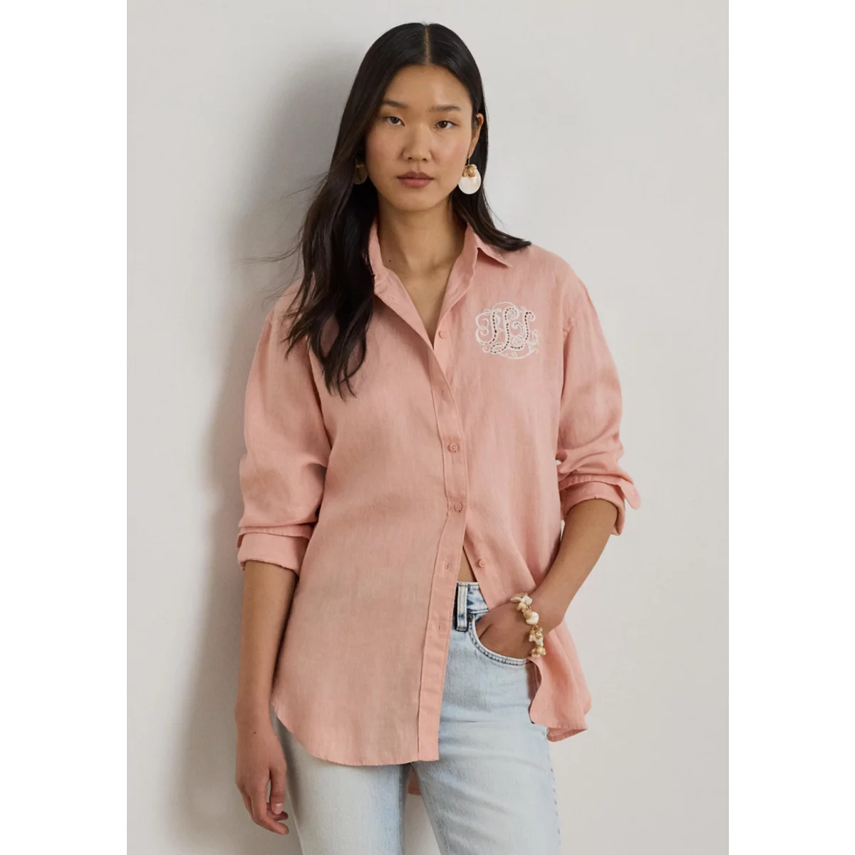 Women's Relaxed Fit Eyelet-Logo Linen Shirt - 1