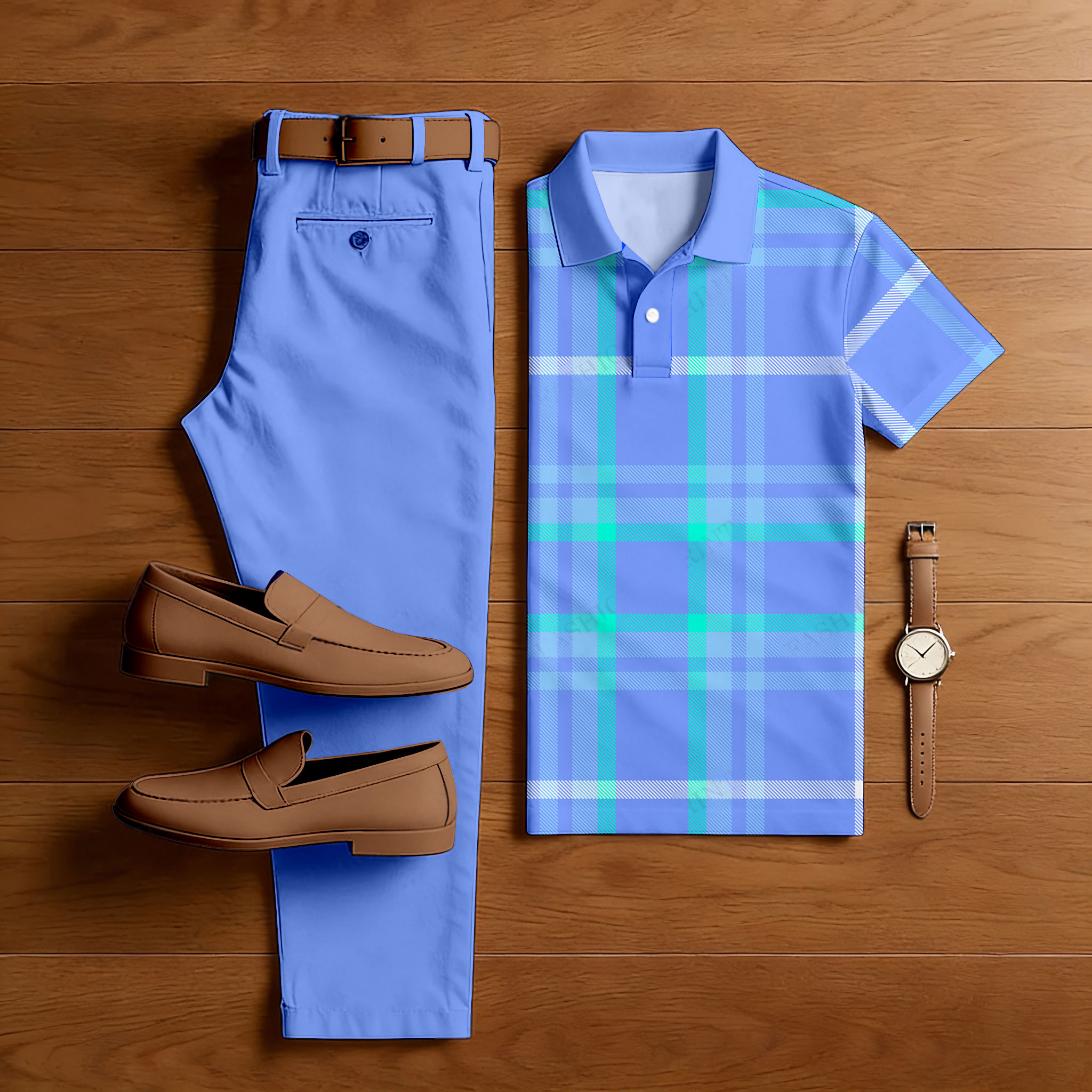 Conjunto de dos piezas casual Purple & Lake Green Color Matching Checkered estampado de manga corta camisa polo & Trousers para hombre