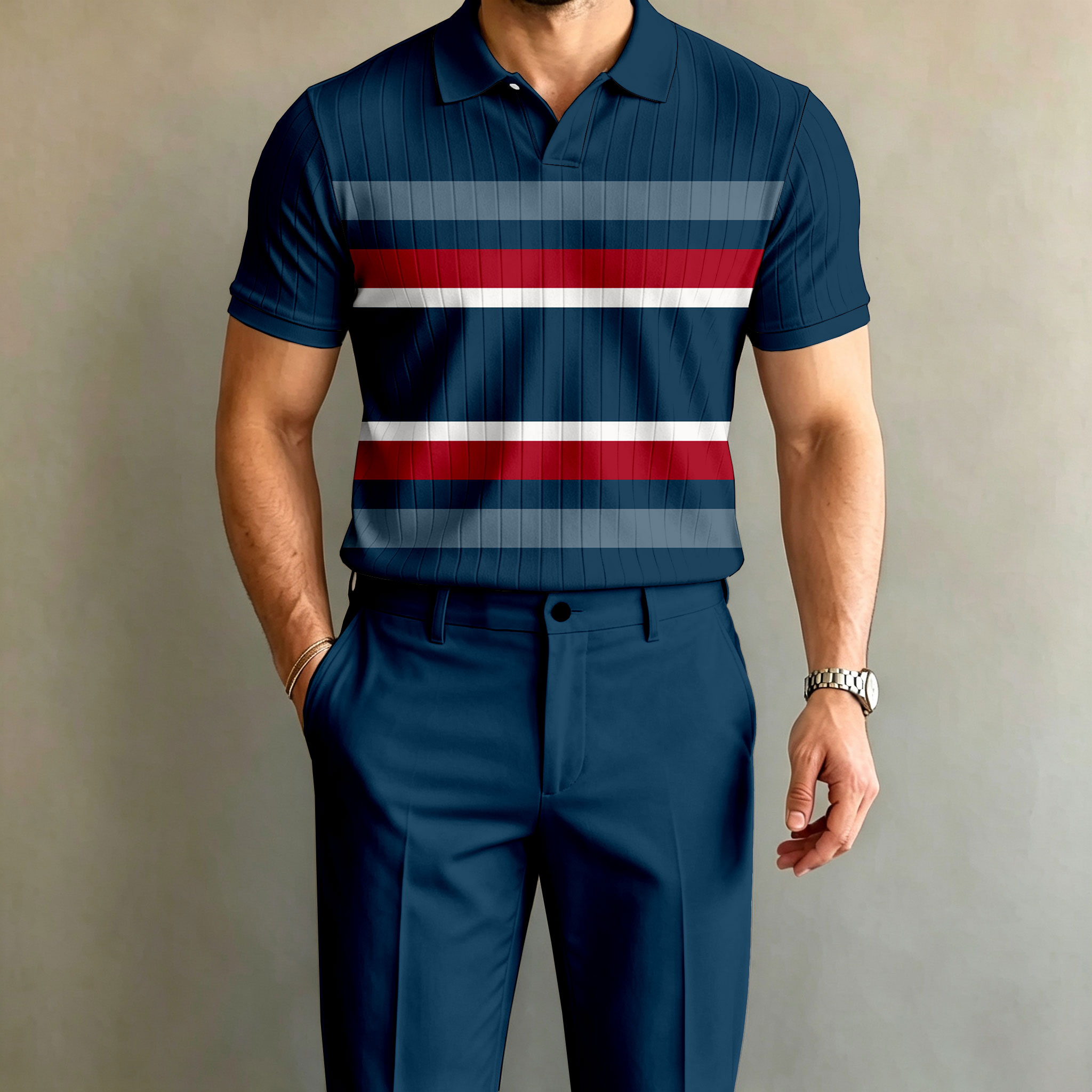 para hombre Color-Blocked a rayas de manga corta camisa polo and pantalón Set