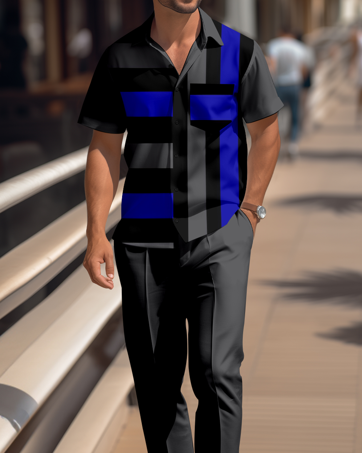 Camisa Blue and Black Colorblock de manga corta Walking Suit 1670 para hombre