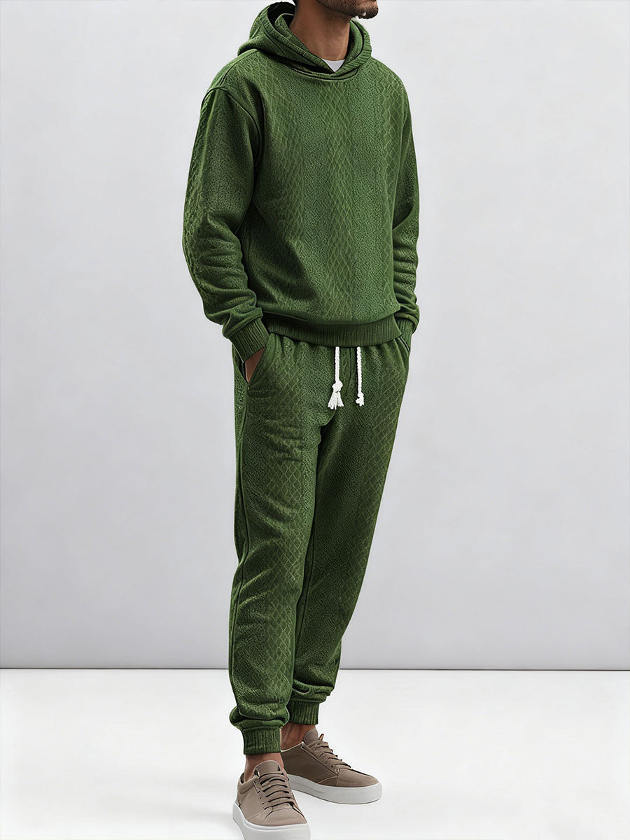 Sudadera holgado-fitting casual Sports de manga larga pantalón Jacquard Hooded Set para hombre