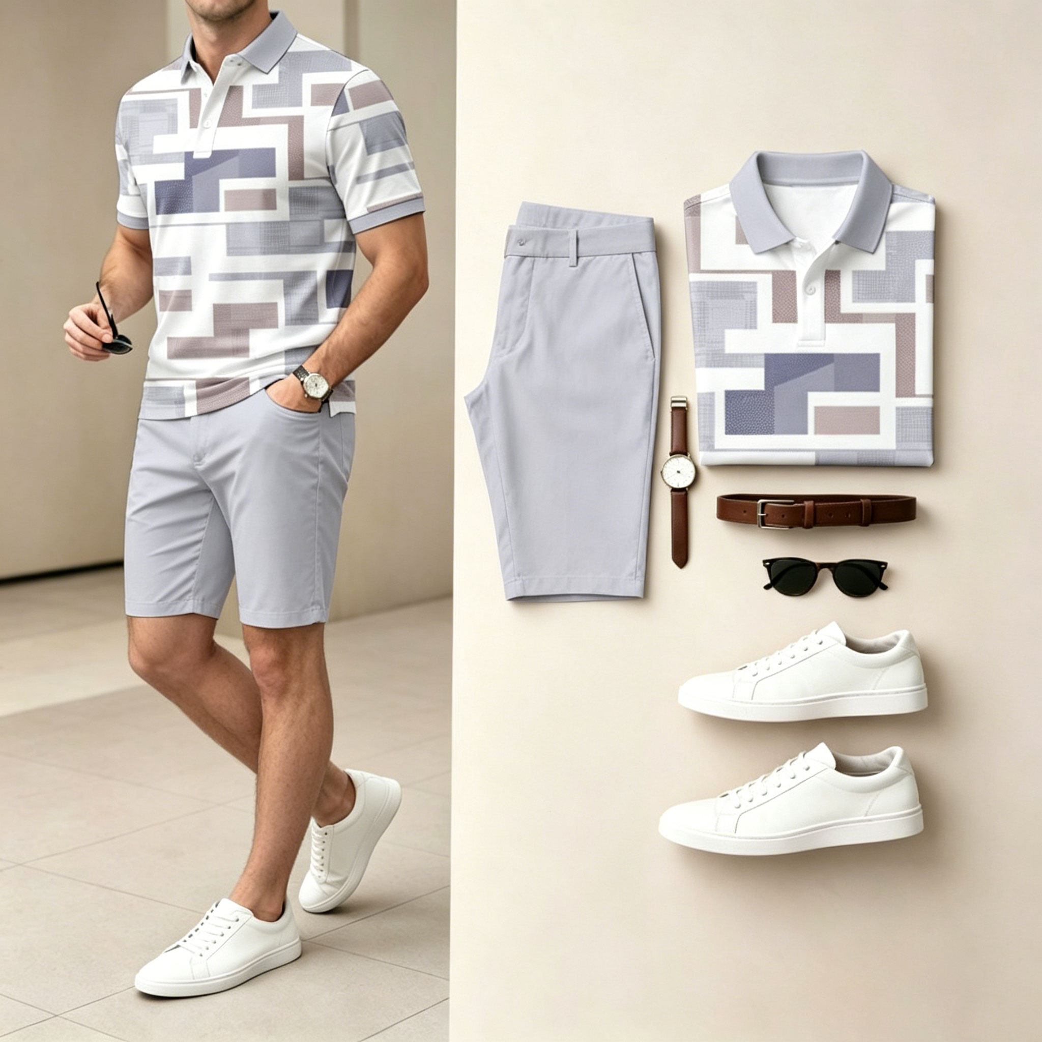 Conjunto de dos piezas casual Grey Color Geometric Pattern camisa polo & shorts para hombre