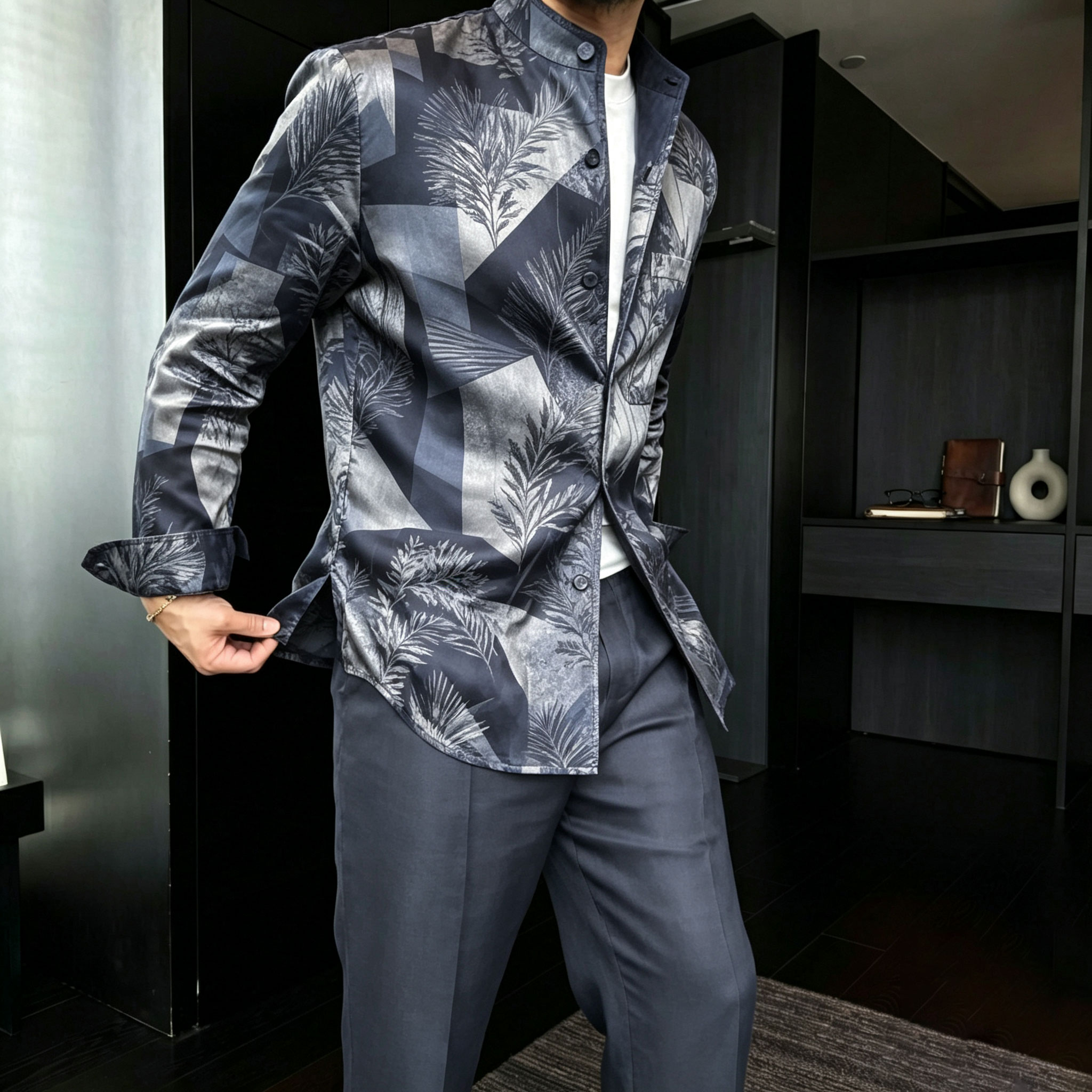 Conjunto de dos piezas casual Japanese-Style clásico estampado Stand-Collar de manga larga camisa and pantalón para hombre
