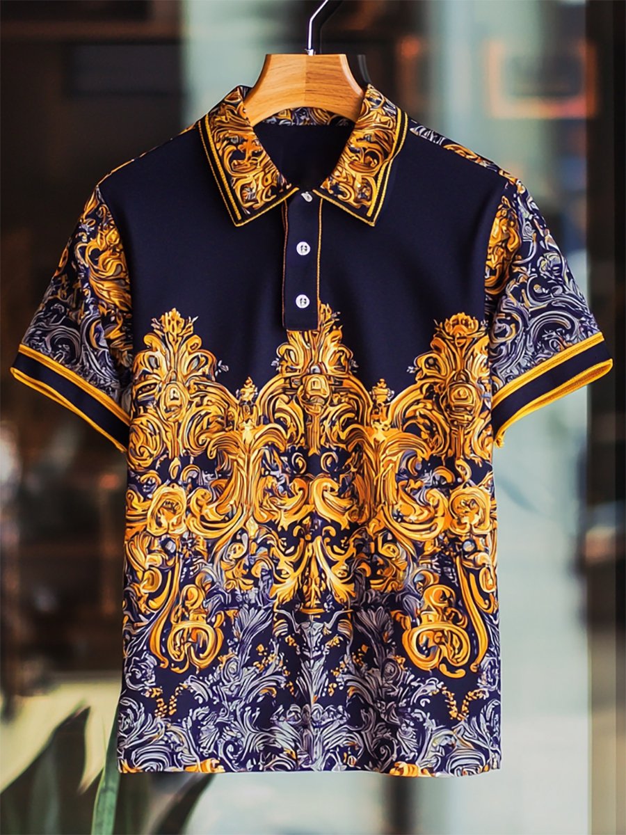 Camisa polo ejecutivo casual Baroque Art Button de manga corta para hombre