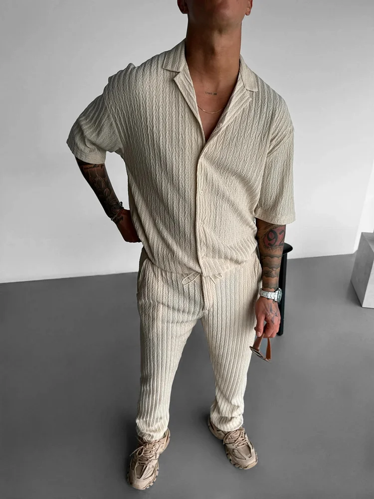 Conjunto de dos piezas White Textured de manga corta camisa casual 005 para hombre