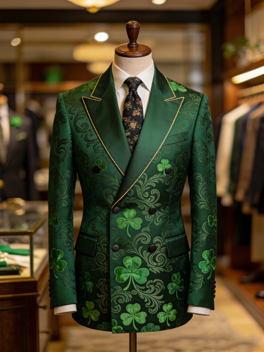 Chaqueta de lujo St. Patrick's Day Shamrock estampado Suit para hombre