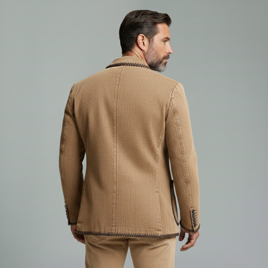 Saco ejecutivo casual Brown Denim Notched Lapel Whipstitch Trim Patch Pockets de manga larga para hombre