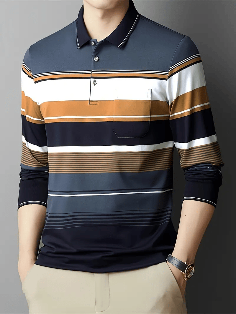 Camisa polo ejecutivo casual a rayas de manga larga para hombre