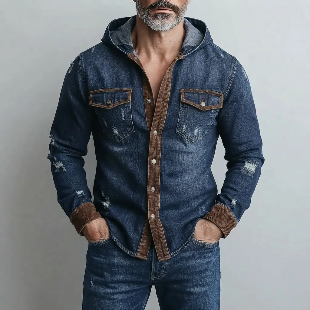 para hombre vintage Denim Contrast Trim Single Breasted Chest Pocket Hooded camisa