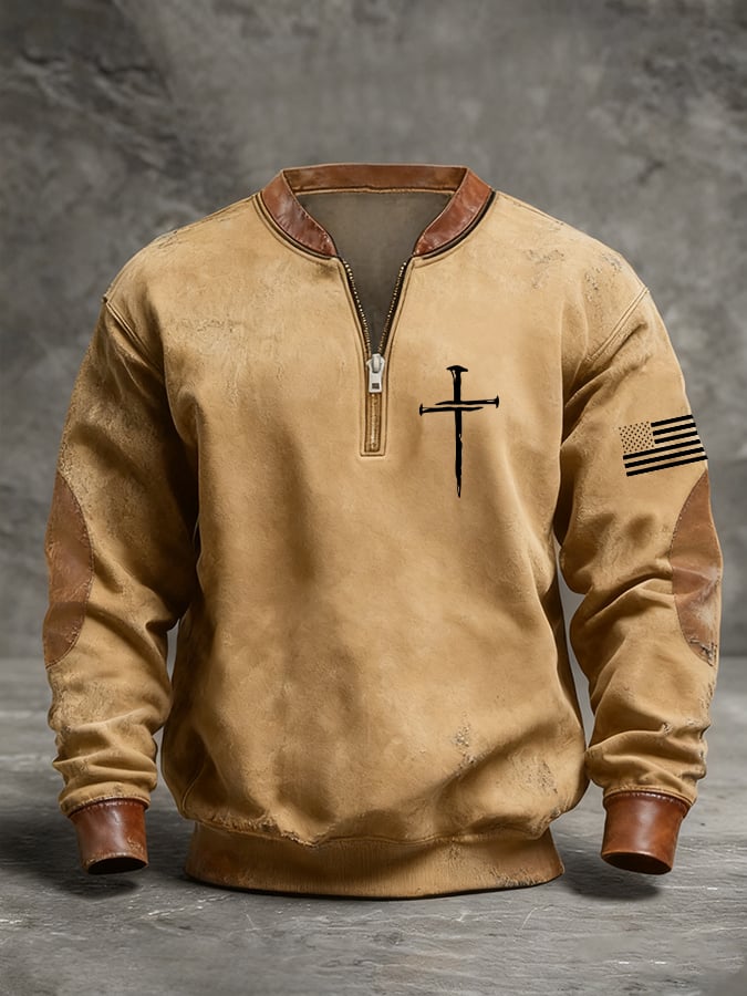 Sudadera retro Faith Cross estampado cierre Stand cuello de manga larga para hombre