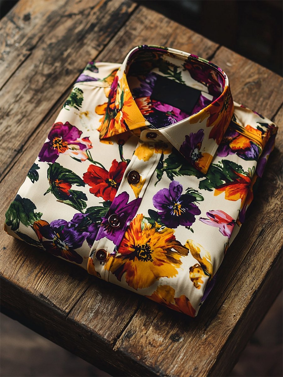 Camisa satén Luxe hawaiano estampado de manga corta Button para hombre