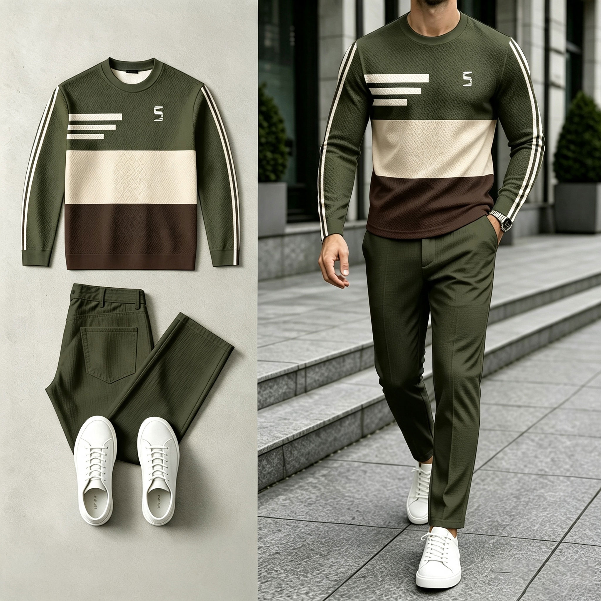 para hombre Color-Blocked Round-Neck Sweacamiseta and pantalón Set