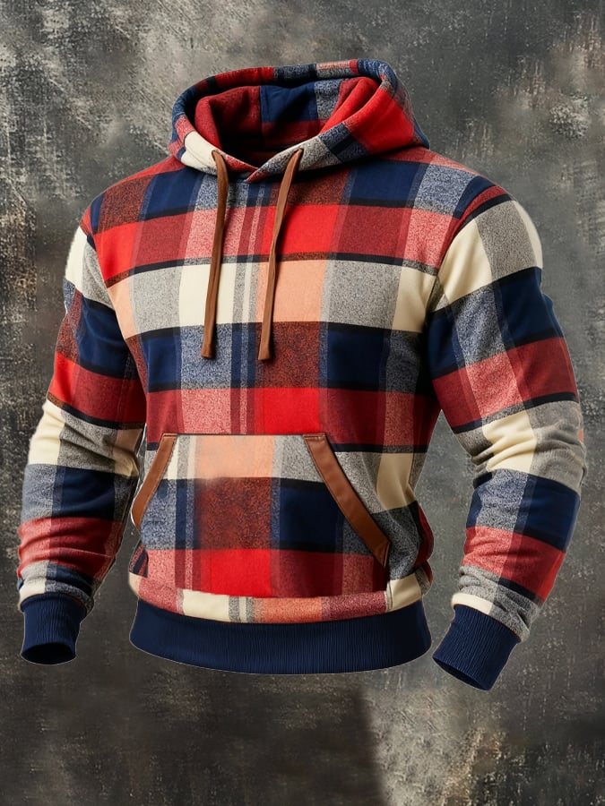 Sudadera retro a cuadros Contrast Color Hooded para hombre