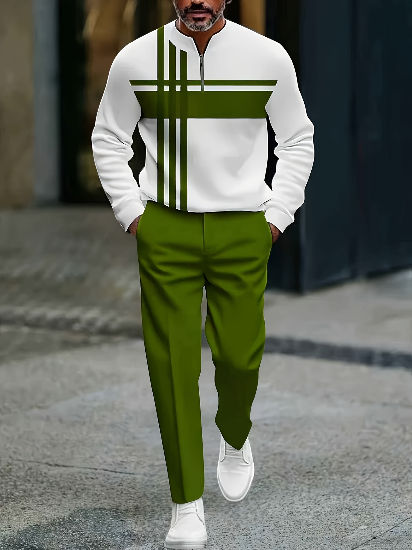 Conjunto de dos piezas casual Color Matching estampado Round-Neck Zipper de manga larga Trousers para hombre