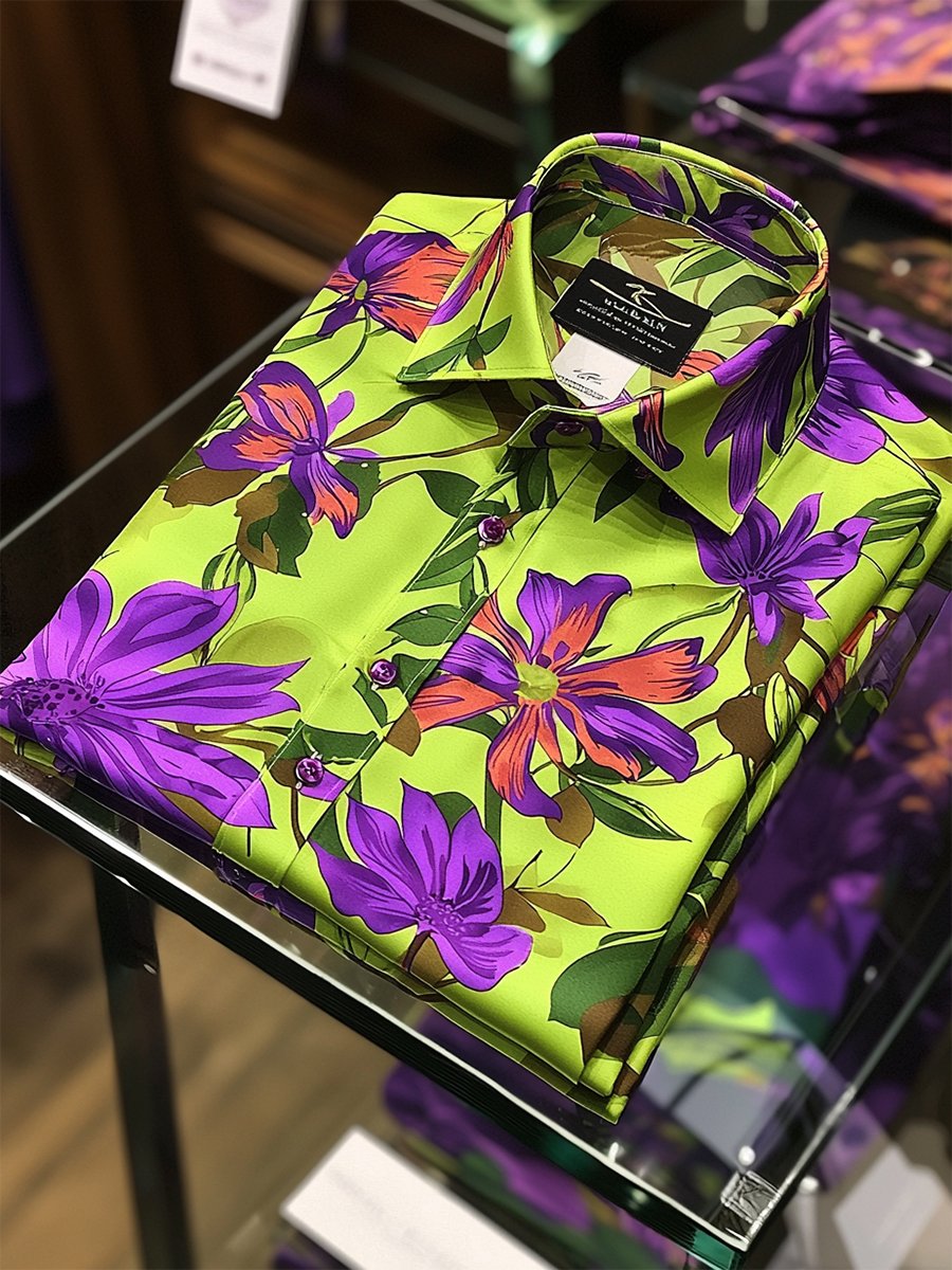 Camisa satén Luxe hawaiano estampado de manga corta Button para hombre