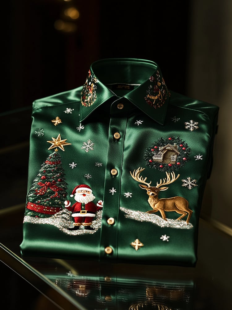 Camisa Christmas satén Luxe de manga larga con botones para hombre
