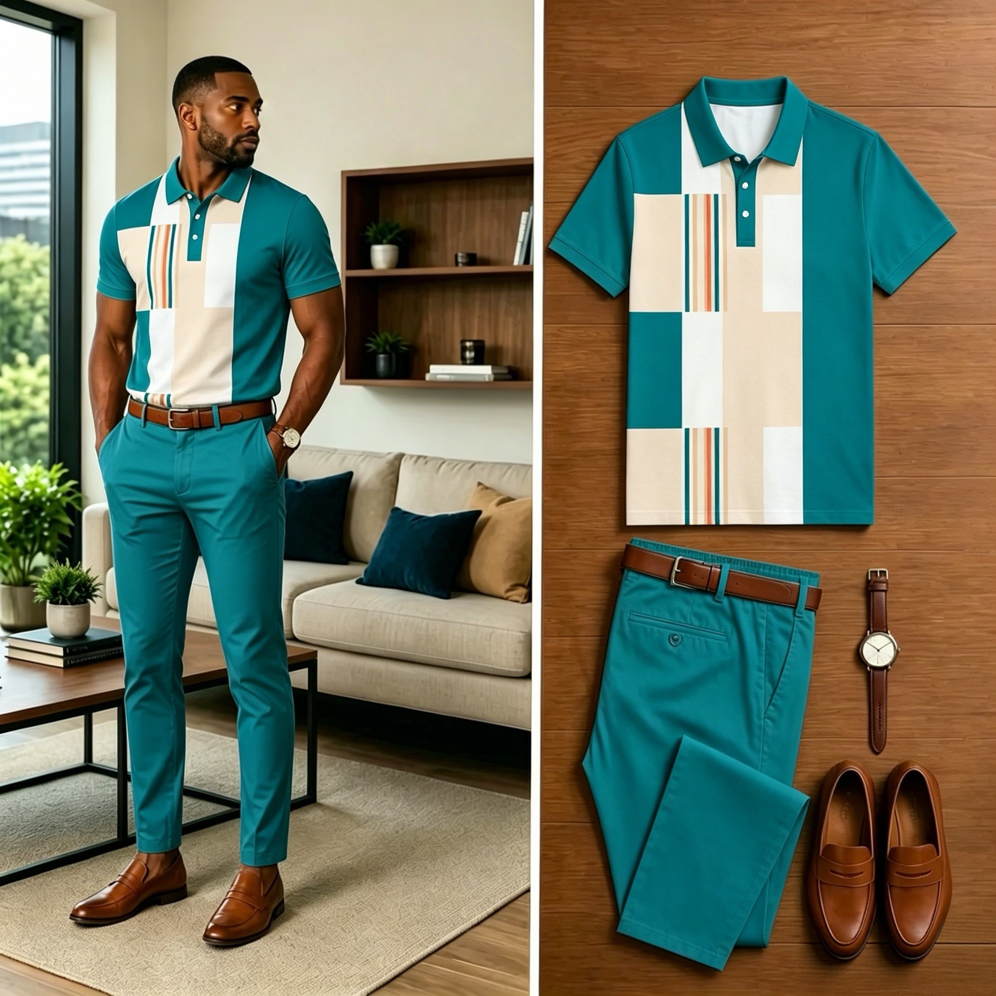 Conjunto de dos piezas casual en bloques de color Patchpara trabajo estampado camisa polo And pantalón para hombre