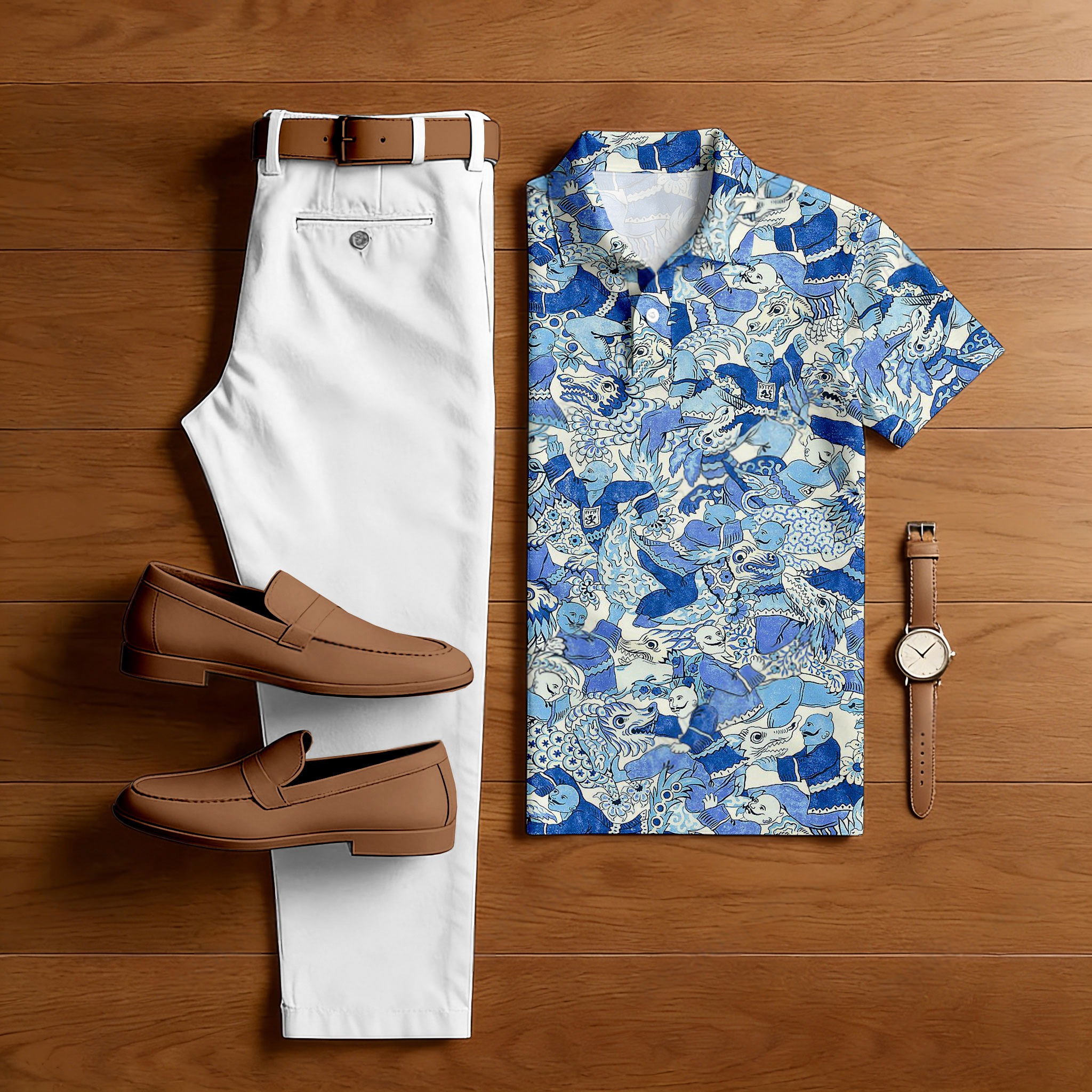 Conjunto de dos piezas casual Blue Figure estampado camisa polo And Trousers para hombre