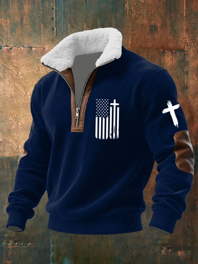 Sudadera Flag Cross estampado tejidoted Fabric cierre Fur cuello para hombre