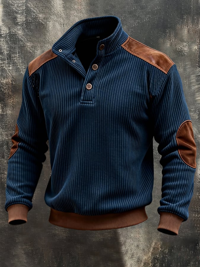 Sudadera vintage pana Patchpara trabajo Color-Block Henley Neck de manga larga para hombre