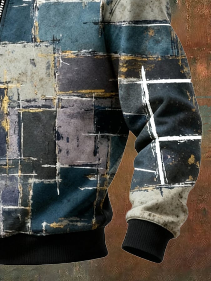 Sudadera retro en bloques de color estampado casual Fur cuello para hombre