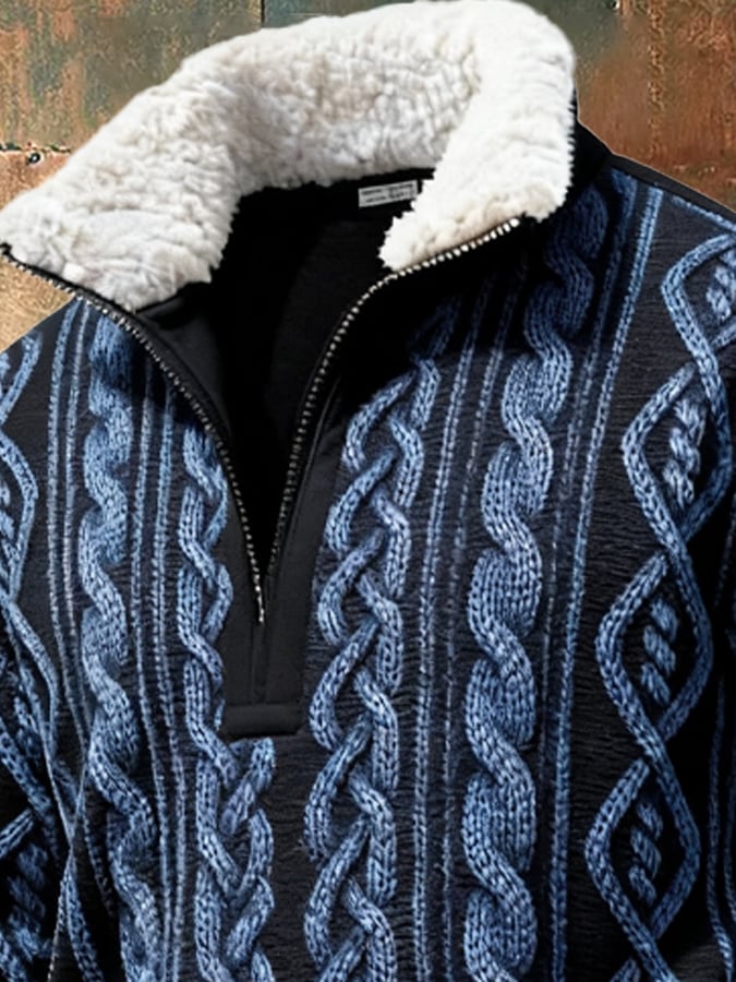 Sudadera retro en bloques de color estampado casual Fur cuello para hombre