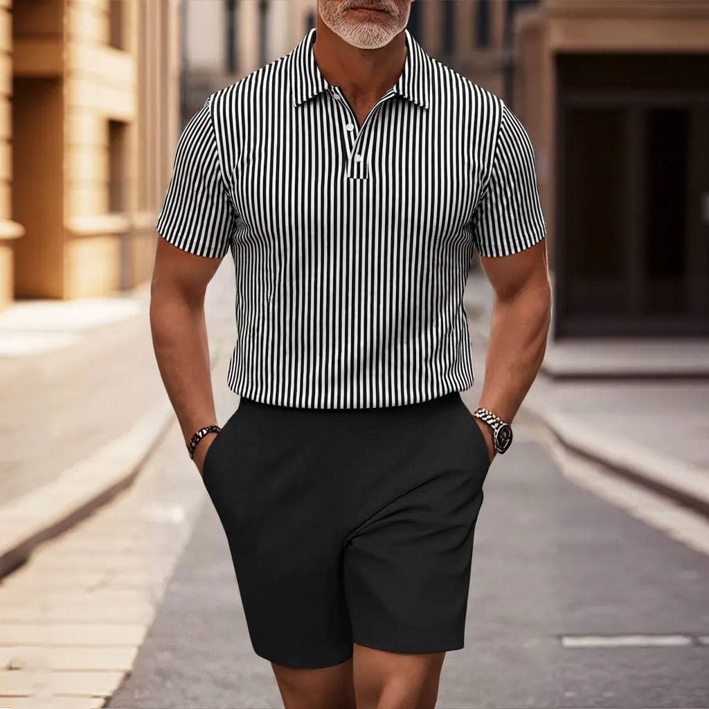 Conjunto de dos piezas casual Black a rayas estampado de manga corta camisa And shorts para hombre