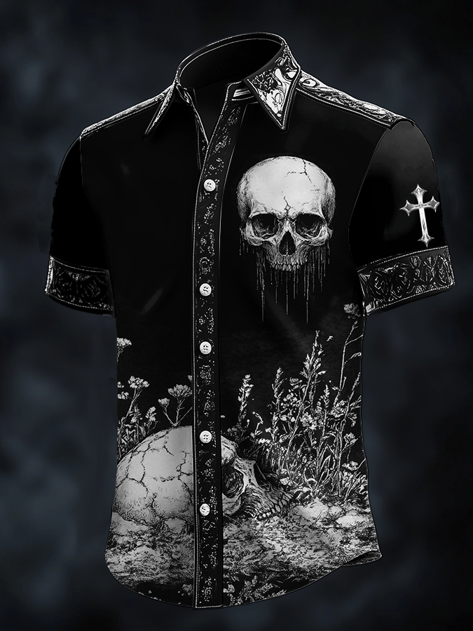 Camisa Dark Skull estampado satén de manga corta para hombre