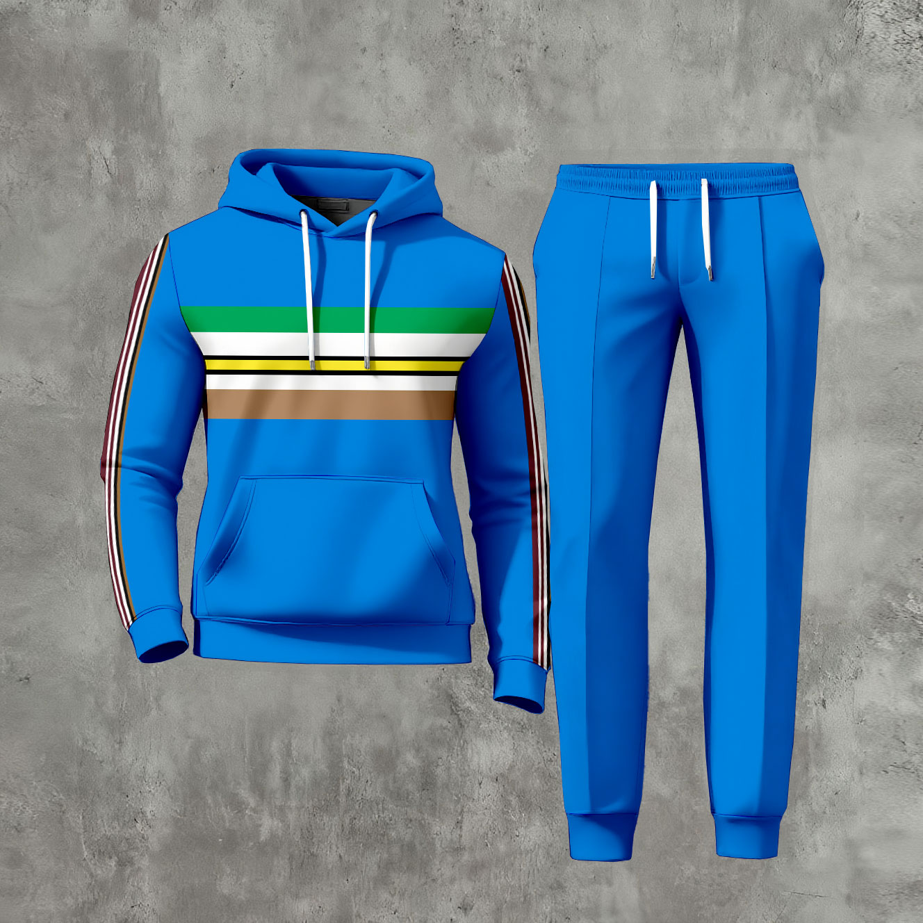 Conjunto de dos piezas casual Color Matching a rayas estampado de manga larga sudadera con capuchas sudadera & Trousers Royal Blue para hombre